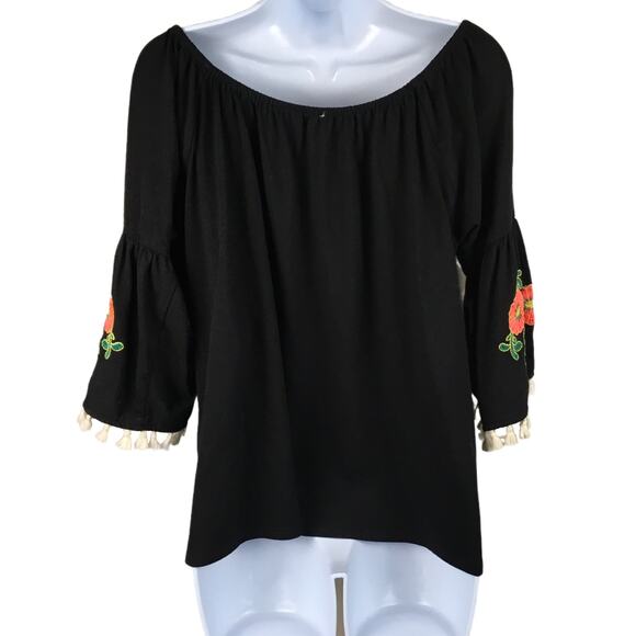 Umgee Top Floral Embroidered Tassel Bohemian Off Shoulder Bell Sleeve Blouse M‎ - Picture 2 of 10